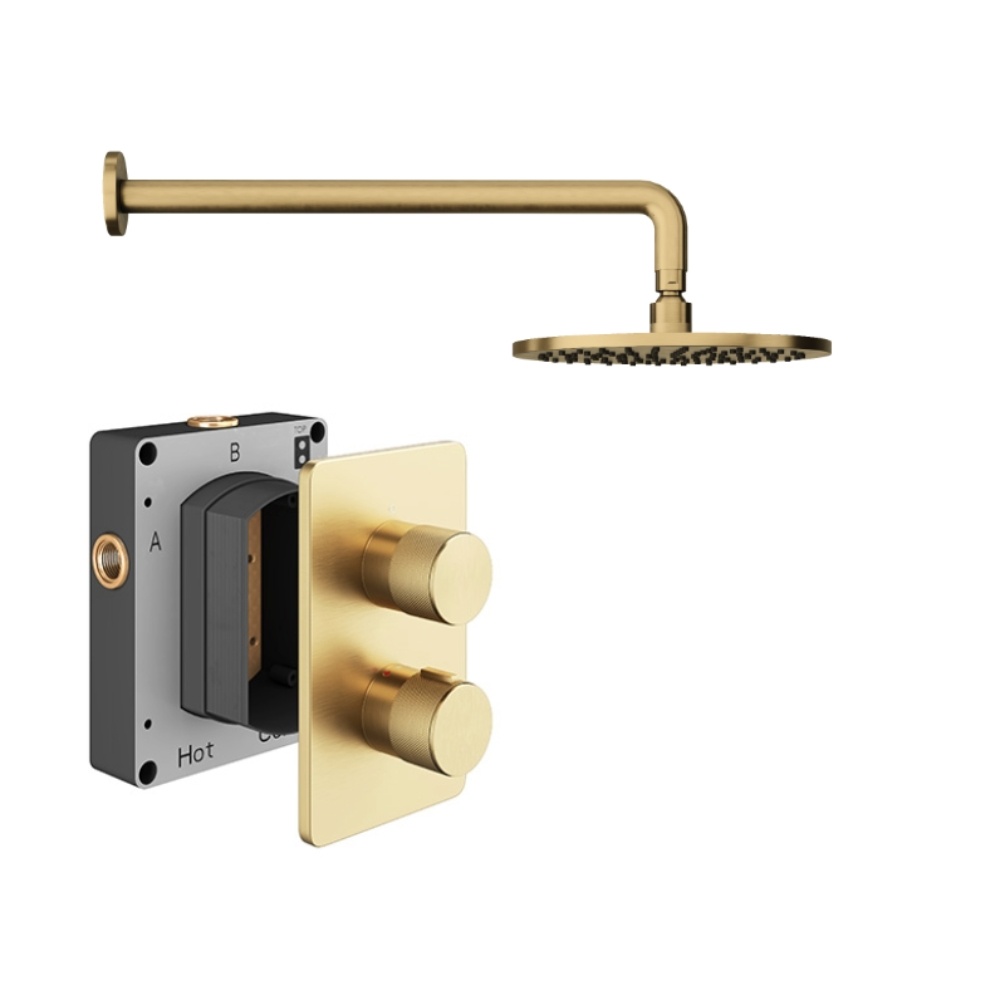 Product cut out image of the Abacus Iso Pro Brushed Brass 1 Outlet Shower Pack with Fixed Shower Head